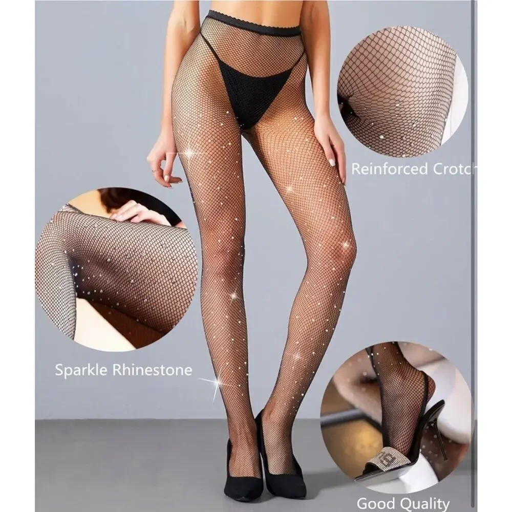 2 Pairs Women Rhinestone Fishnet Sexy Stockings High Waist Mesh Tights Pantyhose